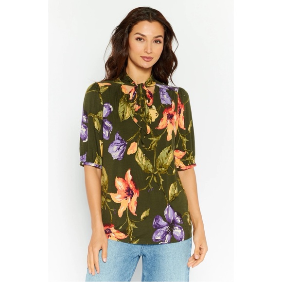 Ralph Lauren Floral Jersey Tie-Neck Blouse in Farm Olive, Plus Size XXL, NWT - Picture 3 of 15